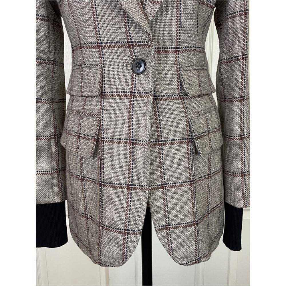 Smythe Birkin Grid Plaid Rib Cuff Blazer Griege Black Wool Blend Sz 8 - Picture 4 of 11